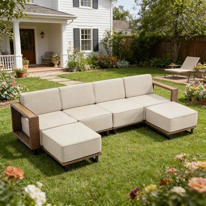 MOCHITO 6 Pieces Outdoor Patio Furniture Sets, All-Weather Sectional Sofa PE Rattan Wicker Conversation Set, Outdoor Patio sectional for Poolside, Porch, Lawn, Garden, Balcony(Beige)
