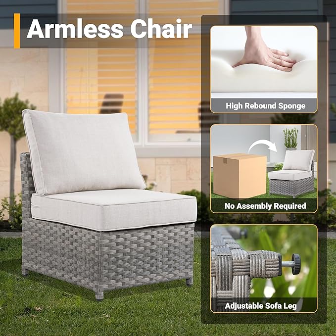 12 Pieces Outdoor Furniture Patio Sectional Sofa Couch Gray PE Wicker Conversation Sets with Ottomans Glass Coffee Table for Garden Poolside Backyard