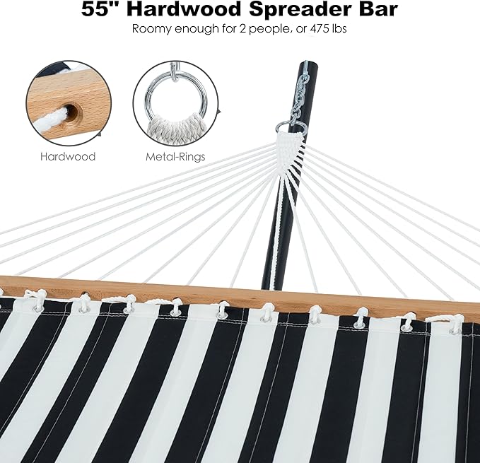 2 Person Hammock with Stand for Outside, Heavy Duty Steel Stand, Double 55inch Hammocks, Large Removable Pillow, Storage Bags, Max 475 lbs Capacity (Stripe Black-White)