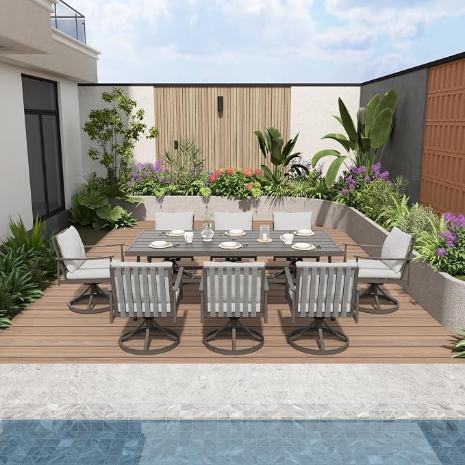 9-Piece Outdoor Dining Set for 8, Aluminum Dining Set with Cushions, 8 Swivel Chairs with Rope Backrest, Large Rectangular Table with Umbrella Hole, Patio Dining Set for Lawn Porch Yard,Grey