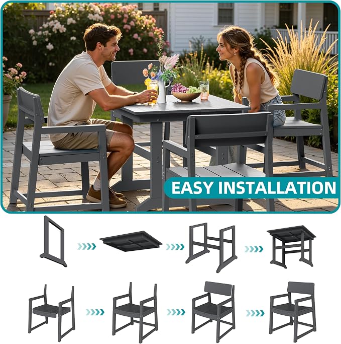 JAMFLY 5 Piece Outdoor Dining Set, All Weather Patio Table and Chairs for Backyard Garden Deck Lawn Pool, Sturdy All Weather Outdoor Furniture Set, Grey