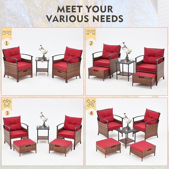 AVAWING 5 Pieces Patio Furniture Set, Outdoor Rattan Chairs with Metal Coffee Table, Ottomans & Soft Cushions, Wicker Conversation Bistro Set for Garden, Porch, Deck, Balcony (Red)