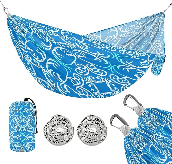Hammocks for Outside Blue White Floral Camping Hammock Portable Hammocks with Tree Straps and Carry Bag Camping Accessories for Hiking Beach Outdoor