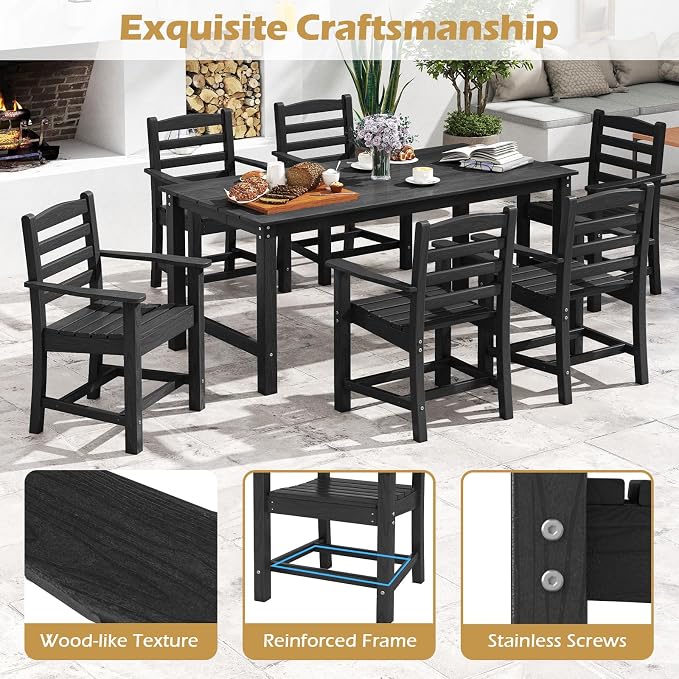Tangkula 7 Pcs Outdoor Dining Table Set for 6, 67” HDPE Weather-Resistant Patio Rectangle Table & 6 Armchairs w/Curved Seat, Umbrella Hole, Wood Grain, Plastic Dining Furniture (Black, 7 Pcs)