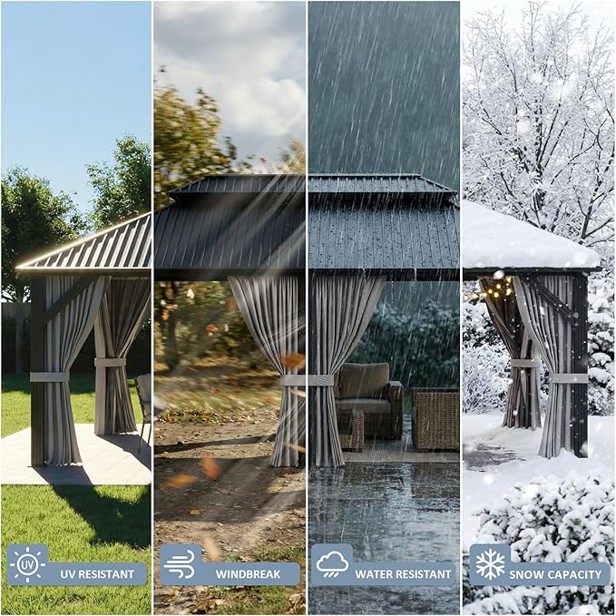 12'x20' Permanent Hardtop Gazebo Outdoor Grill Gazebo Aluminum Galvanized Steel Double Roof Outdoor Pergola Include Curtain and Netting for Backyard, Patio, Lawn