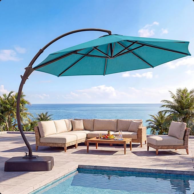 LAUSAINT HOME 11FT Curvy Cantilever Patio Umbrella with Base, 360° Rotation Offset Outdoor Umbrella, Heavy Duty Hanging Umbrella for Backyard, Pool, Garden（Turquoise Blue）
