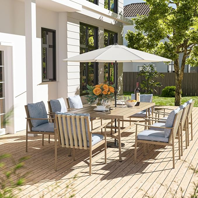 HAPPATIO 9-Piece Patio Table and Chairs Set for 8, Aluminum Outdoor Dining Set with Cushions, 8 Dining Chairs, 1 Large Rectangular Table with Umbrella Hole for Lawn, Porch, Backyard, Brown