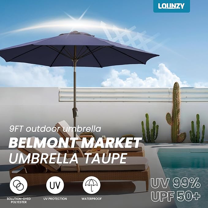 LOUNZY 9FT Large Outdoor Patio Umbrella Table Umbrella-UV Resistant,Easy Push Button Tilt and Crank,8 Sturdy Fiberglass Ribs Pool Umbrella for Patio,Backyard,Deck,Yard,Market