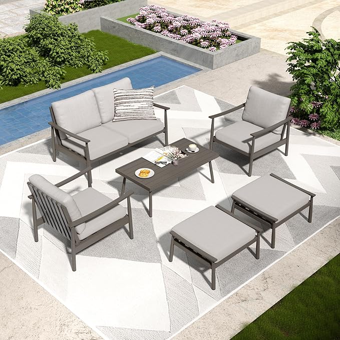 6 Pieces Aluminum Outdoor Patio Furniture Set with Coffee Table, Cushioned Loveseat and Armchairs with Ottomans, All-Weather Conversation Set for Yard Porch Deck, Greige & Grey