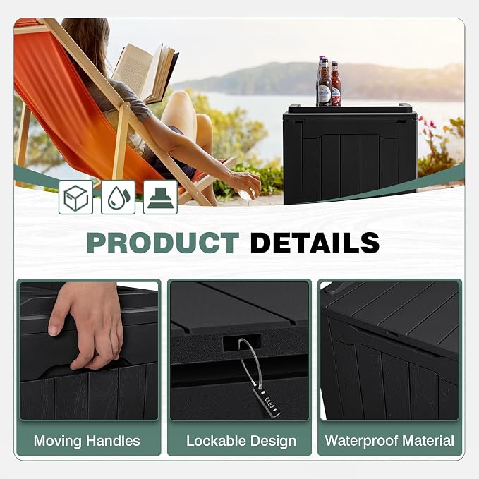GUNJI 30 Gallon Small Deck Box Outdoor Waterproof Resin Storage Box Lockable Storage Container Outside Package Delivery Box (Black)