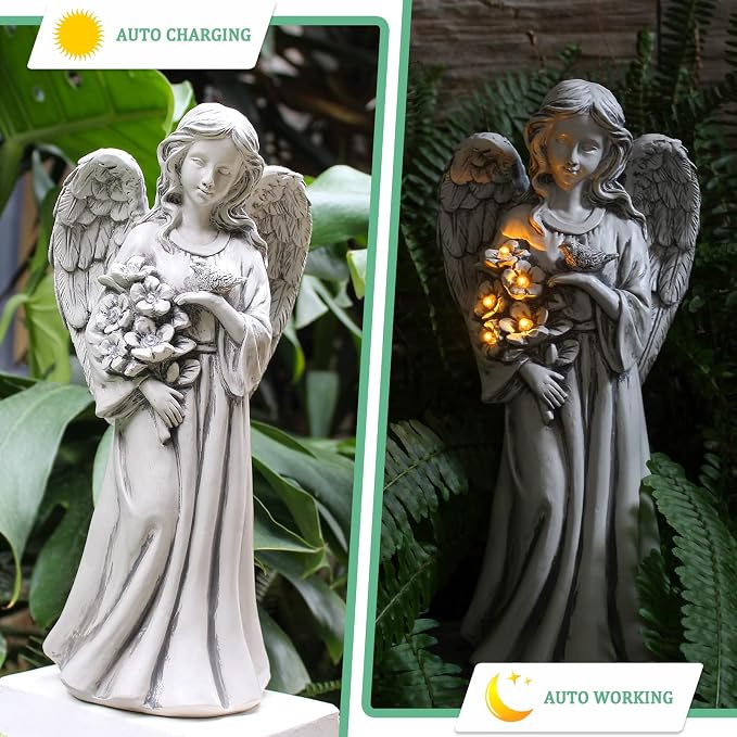 Rezpuao Solar Angel Statue for Outdoor, Angel Figurine with Resin, Outdoor Decor for Patio Lawn Yard Porch, Garden Gift