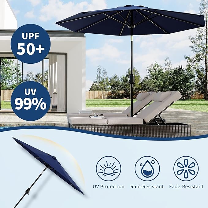 9FT Outdoor Patio Umbrella, 8 Ribs Market Table Umbrella with Tilt & Crank, UV-Resistant Waterproof for Pool, Deck, Backyard, Navy Blue