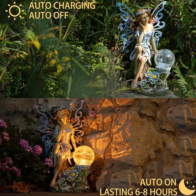 Suyorpe Garden Fairy Decor,Solar Outdoor Statues, Fairy Garden Accessories, Fairy Figurine for Outside Gifts,Resin Ornaments for Patio Yard Lawn,Size6.89 x 5.24x 12.68 inches