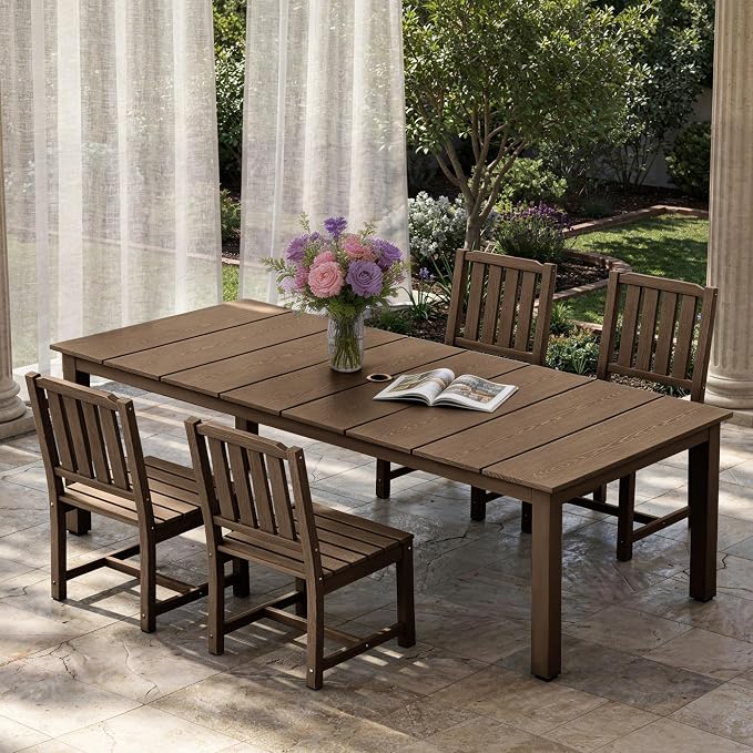 AreShark 5-Piece Outdoor Dining Set,HDPE Patio Table with 4 Armless Chairs,All-Weather Patio Furniture Set with Umbrella Hole,Low Maintenance Wood Grain Dining Set for Backyard,Garden,Poolside,White