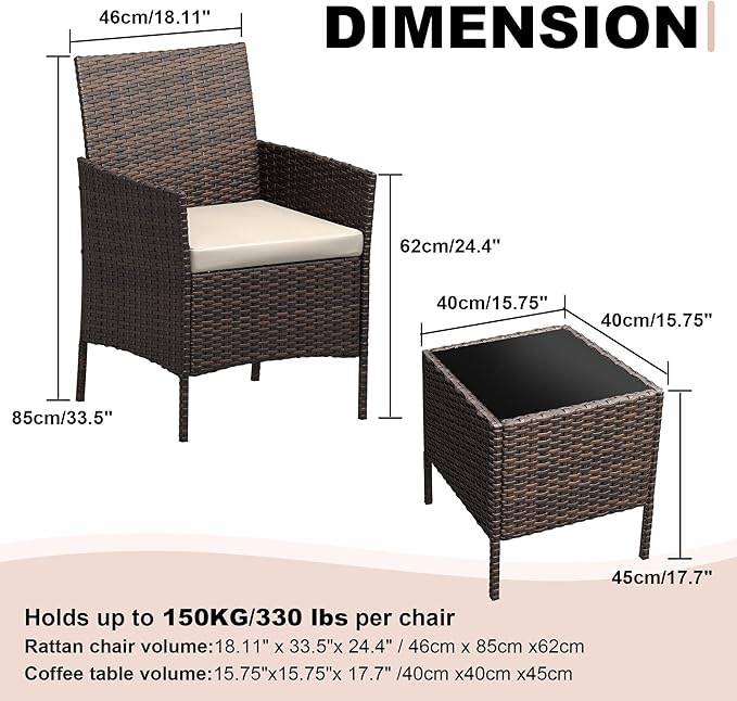 Patio Furniture Set 3 Pieces,Outdoor Patio Conversation Sets, PE Rattan Wicker Furniture Sets with 2 Chairs,Soft Cushion and 1 Coffee Table, Bistro Set of 2 for Backyard Balcony Porch Apartments,Brown