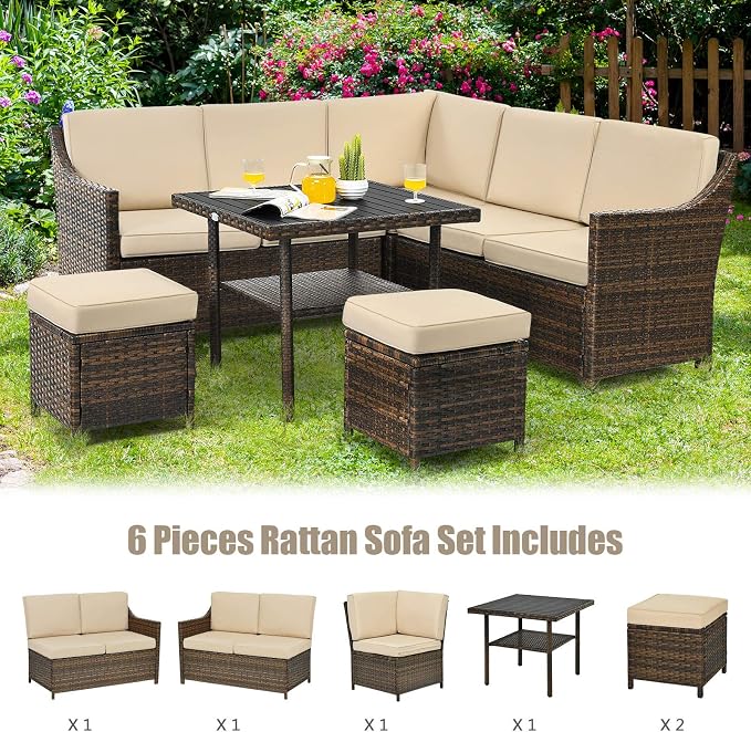 Tangkula Wicker Outdoor Dining Set, 6 Piece PE Rattan Wicker Sectional Corner Sofa Set with Dining Table, 2 Ottomans, Suitable for Garden, Patio, Poolside, Lawn and Balcony, Patio Furniture Set