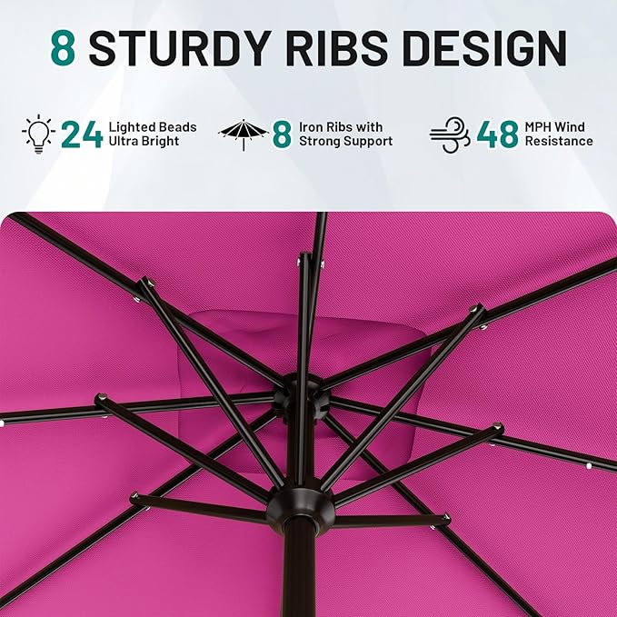 AreShark 8' X 10' Rectangular Patio Umbrella with Solar Lights, Lighted Solar Umbrella with Crank, Outdoor Table Umbrella for Garden, Deck, Backyard, Pool and Beach, Rose Pink