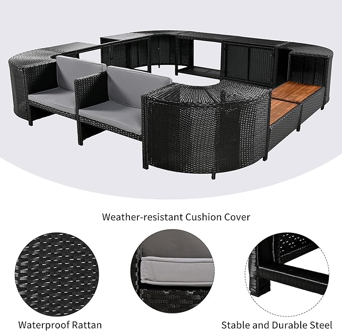 LUMISOL Spa Surround Spa Frame, Quadrilateral Outdoor Rattan Sectional Sofa Set with Sofa, Wood Seats and Storage Spaces for Free Combination, Patio Conversation Set for Poolside Garden, Gray