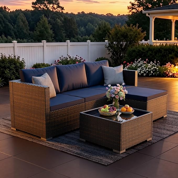 WWR Patio Furniture Set- All-Weather, Thick Cushions & Wide Armrests -5 Piece Outdoor Patio Conversation Couch Sets, Wicker Rattan Outdoor Sectional Sofa for Garden, Patio, Poolside