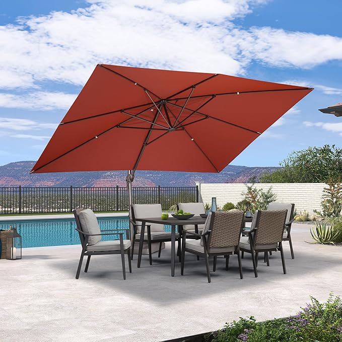 PURPLE LEAF 10' X 13' Patio Cantilever Umbrella Rectangle Umbrella Outdoor with Aluminum Offset Antique Bronze Hanging and 360° Rotation for Pool Garden Deck Patio, Brick Red