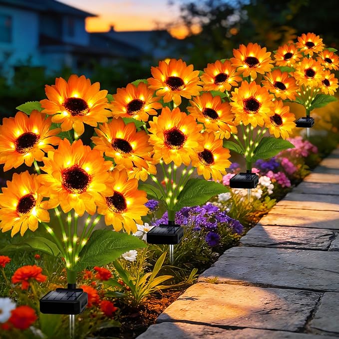 Solar Garden Lights Outdoor, 4 Pack Solar Sunflower Lights with 18 Head 3.4 Inch Flowers, Waterproof Flowers Light Fall Decor Auto ON/Off for Garden Yard Patio Backyard, Gifts for Mom Women