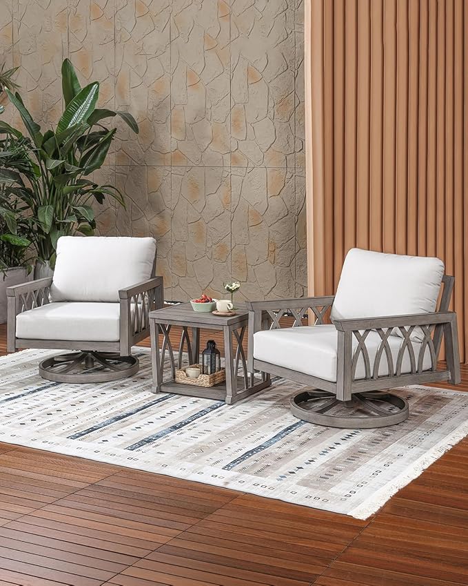 3-Piece Aluminum Swivel Patio Furniture Set, Outdoor Patio Bistro Set with 2 Swivel Sofa Armchairs and Side Table, Rustproof Patio Conversation Set with Cushions for Deck, Balcony, Limed Oak