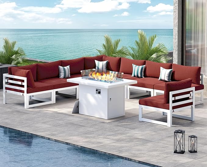 NICESOUL 9 Piece Oversized Modular Aluminum Outdoor Furniture Set with Fire Pit Table, 29" Deep Wide Sectional Seating, 500 lbs High Weight Capacity Patio Conversation Set for Garden Deck, Burgundy