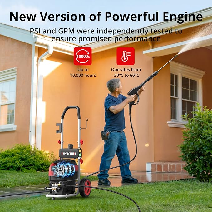 AMERISUN 2800 PSI Pressure Washer, 2.0 GPM Electric Power Washer with Foam Tank, 5 Quick-Connect Nozzles & 8" Wheels, Portable High-Pressure Cleaner for Car, Deck, Fence & Outdoor Use