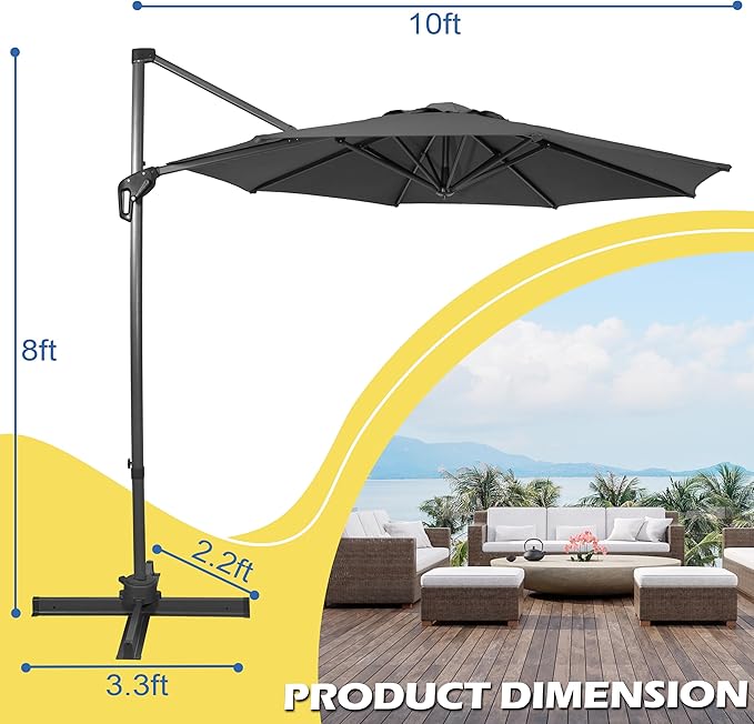 Sunnyglade 10Ft Cantilever Patio Umbrella, 360° Rotation & Integrated Tilting System Offset Umbrella with 8 Sturdy Ribs, Fade-resistant & Waterproof for Garden Backyard Poolside Deck