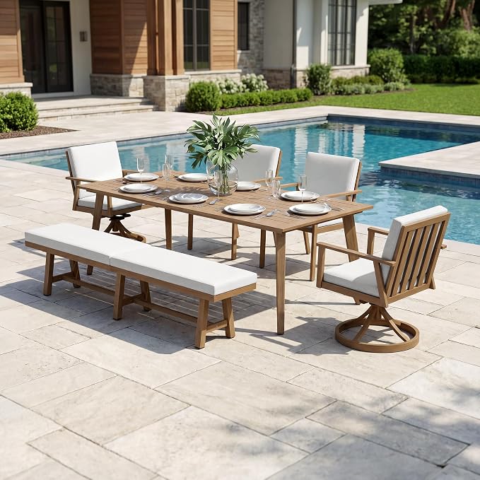 6-Piece Never-Rust Aluminum Bench Dining Table Set, Patio Dining Set with Umbrella Hole, Outdoor Bench with Rectangular Table, 2 Dining Chairs and 2 Swivel Chairs for Deck, Backyard, Teak
