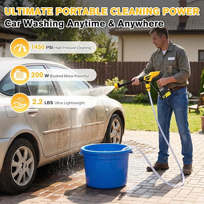 Cordless Pressure Washer, 1450 PSI Handheld Pressure Washer with 6-in-1 Nozzle, Battery Powered Pressure Washer, Portable Power Washer Cleaning Tool for for Car Wash, Garden, Patio, Home