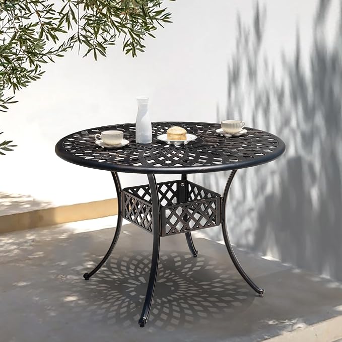NUU GARDEN 42 Inch Outdoor Round Dining Table Cast Aluminum Tabletop with 2.24 Inch Umbrella Hole Patio Garden Backyard Balcony, Black with Gold-Painted Edges