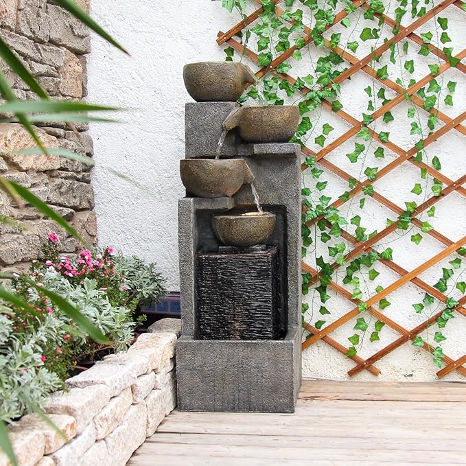 YZM 37.4" H 5-Tier Cascading Bowl Outdoor Water Fountain with LED Lights Freestanding Water Feature for Garden, Patio, Deck and Yard Decor