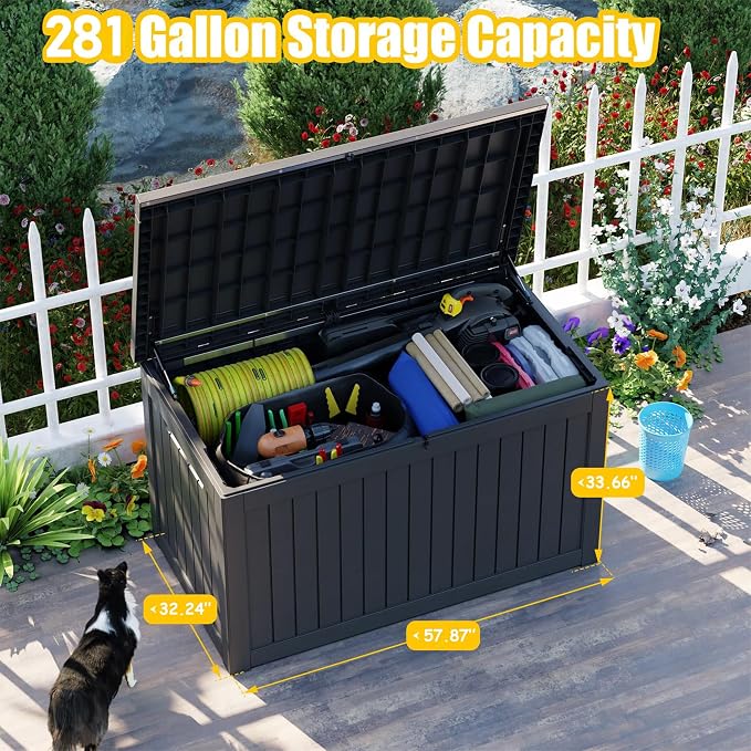 PatioZen 281 Gallon Large Resin Deck Box, Lockable Outdoor Storage Box for Patio Cushions Storage Furniture,Garden Tools, Pool Supplies, Weatherproof and UV Resistant (Black)