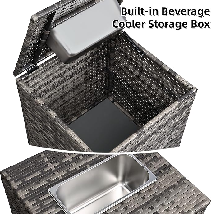 FHFO 5 Piece Outdoor Patio Furniture Set with 28”Gas Fire Pit Table & Ice Bucket Storage Box, Outdoor Wicker Rattan Patio Conversation Set for Outside, Poolside, Balcony, Porch, Grey-Grey