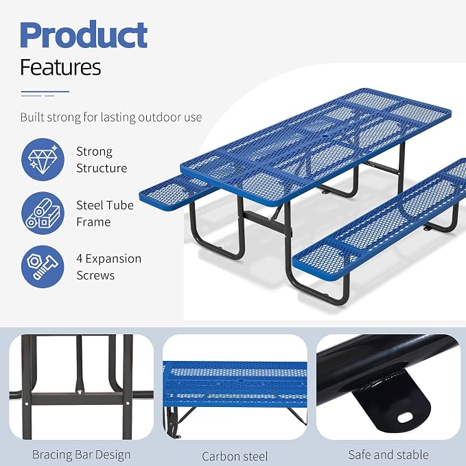72" Outdoor Rectangular Picnic Table with Umbrella Hole, Heavy Duty Commercial Grade Steel Camping Table for Backyard Patio Deck, Weather-Resistant Blue Metal Mesh