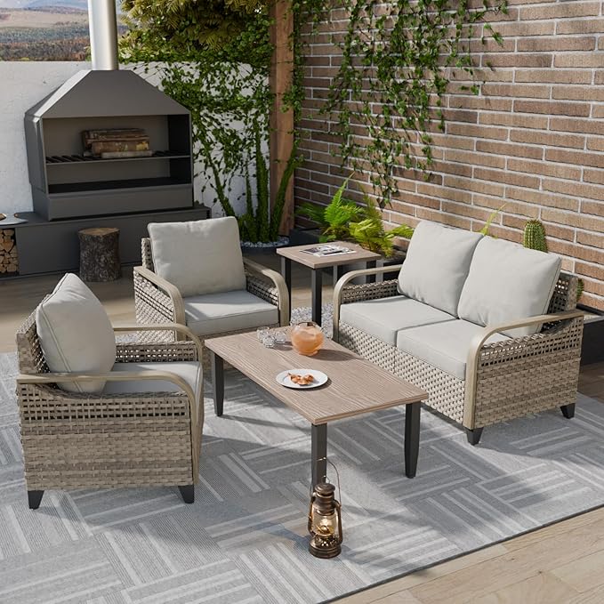 COOS BAY Modern Wicker Outdoor Furniture Set, 5 Piece Patio Conversation Set with 2 Patio Chairs, a Loveseat, Coffee Table and Side Table, 5 Piece, Brown/Gray