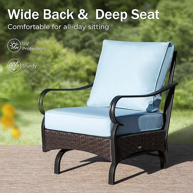 PHI VILLA Outdoor Modern Patio Furniture Set, Upgraded Wicker & Metal Patio Furniture Conversation Set with Waterproof Thick Cushions for Porch, Poolside, Yard (4 Pieces,Blue)