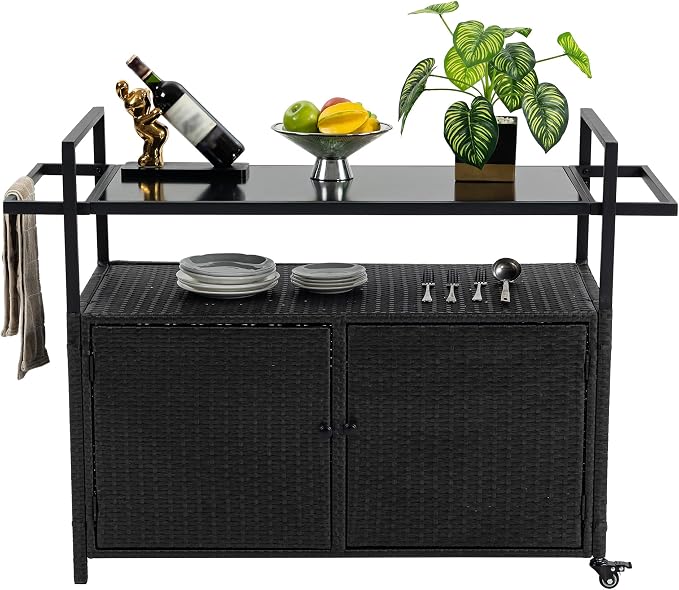 Outdoor Wicker Storage Deck Box and Rolling Bar Cart with Tempered Glass Top and Wheels for Patio, Porch, and Backyard, Weather-Resistant Rattan Serving Table, Black, 51 Inches
