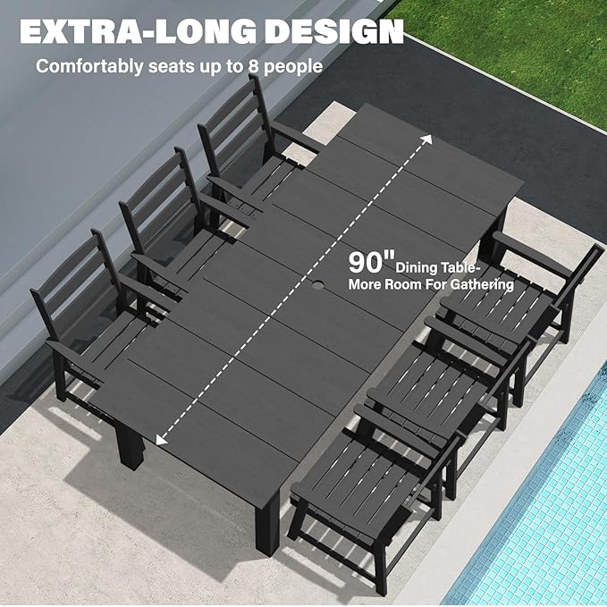 LOUNZY 9 Pieces Patio Dining Sets, 90'' Table Outdoor HDPE Furniture Set w/ 2" Hole Cut-Out Dining Table with 8 Patio Chairs for Lawn, Pool and Yard, Black