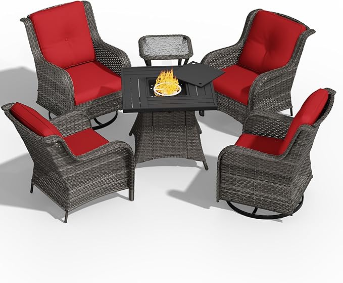 6 Pcs Patio Furniture Set with Fire Table-31'' Fire Pit Table, 1 Side Table, 4 Outdoor Rattan Wicker Conversation Chairs (2 Fixed & 2 Swivel) （Red）