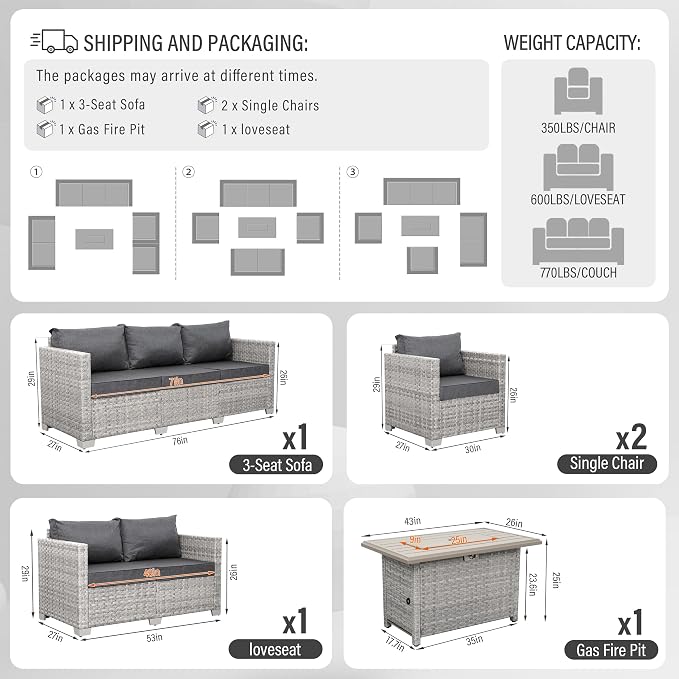 WAROOM Patio Furniture Set 5 Piece Outdoor Furniture with Fire Pit Table, Grey Wicker Sectional Sofa Couch Sets Backyard Deep Seating PE Rattan Chairs with Grey Cushion