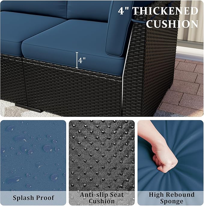 8 Pieces Outdoor Patio Furniture Set with 44" Fire Pit Table Black Rattan Sectional Conversation Sets w/Gas Fire Pit, Coffee Table, 1 Waterproof Covers, Navy Blue