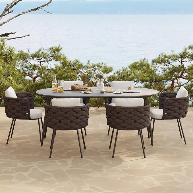 LOVEDIMA 70.9'' Patio Table and Chairs Set,7 Pieces Patio Furniture Set Outdoor Sintered Stone Top Dining Table Set with Rope Woven Armchairs for 6,Gray & Brown