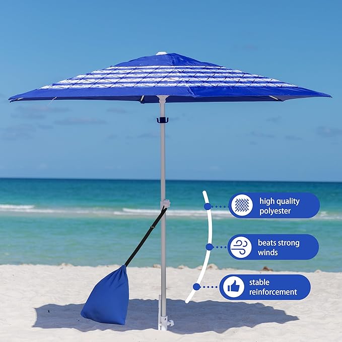 AMMSUN 8ft Large Beach Umbrellas for Sand Heavy Huty Wind Portable Commercial Grade Patio Beach Umbrella with Sand Anchor Adjustable Height Air Vent UPF 50+ Telescoping Pole without tilt Blue White