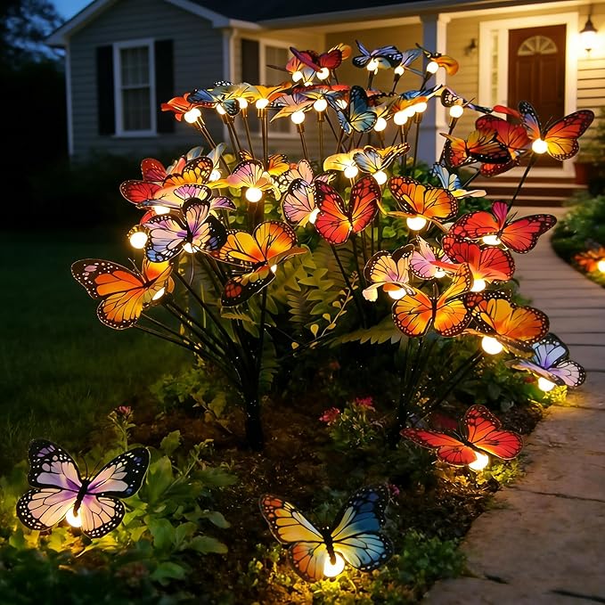 Solar Butterfly Ligths Outdoor 4 Pack 32LED Solar Power Garden Lights Firefly Butterfly Swaying Light 8 Modes Realistic Butterflies Decor for Yard Outside landscaping Patio Pathway Decorations, Warm