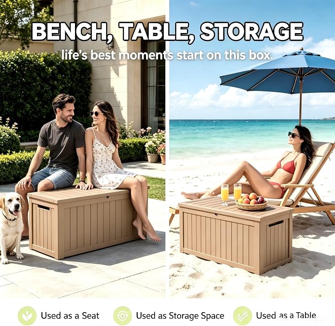 152 Gallon Outdoor Deck Storage Box, Large Waterproof Resin Patio Storage Box, Lockable Bench Seat Holds 2 Adults, for Garden Tools, Cushions & Pool Floats, UV & Rust Resistant, Gray Brown
