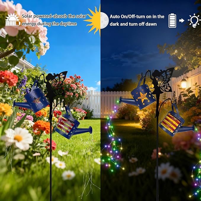 DDQ Solar Watering Can Lights, Warm White/Color LED with Shepherd Hook, IP65 Waterproof Metal Garden Decor, Auto On/Off for Patio Backyard for Mom Birthday Christmas
