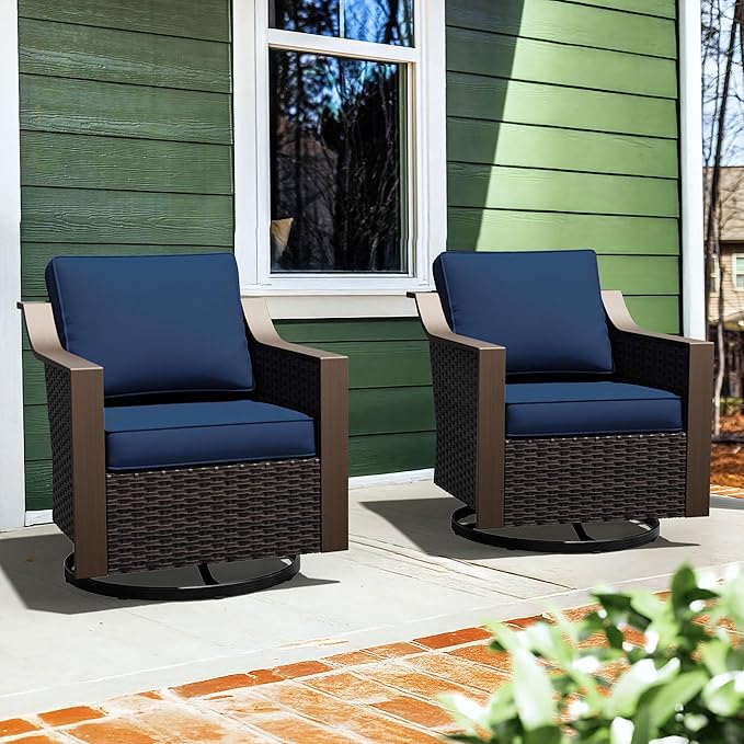 Patio Swivel Chairs Set of 2, Metal Wicker Conversation Furniture Set, Upholstered & 360 Degree Glider Rockers Armchairs, PE Rattan, Metal armrests, Terrace (Navy Blue)