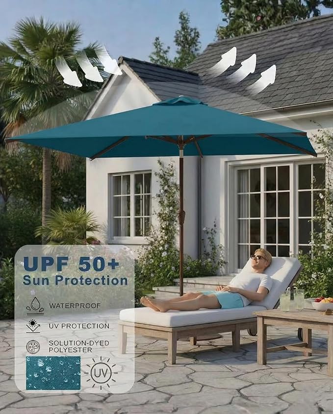 6.5x10FT Patio Umbrella, Outdoor Umbrella with Push Button Tilt and Crank, 8 Sturdy Ribs, UV Protection & Waterproof Market Umbrella for Pool, Backyard, Beach,Deck (Lake Blue)